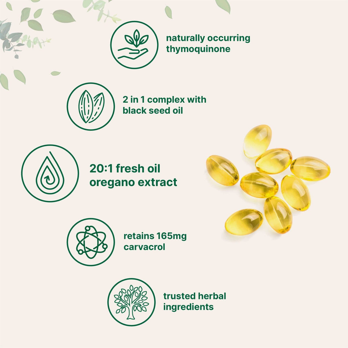 Vitamins with green icons and text on a light background