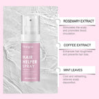 Hair helper spray bottle with ingredients and benefits on a pink and gray background