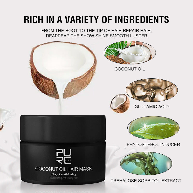 Coconut oil hair mask with ingredients listed on a white background