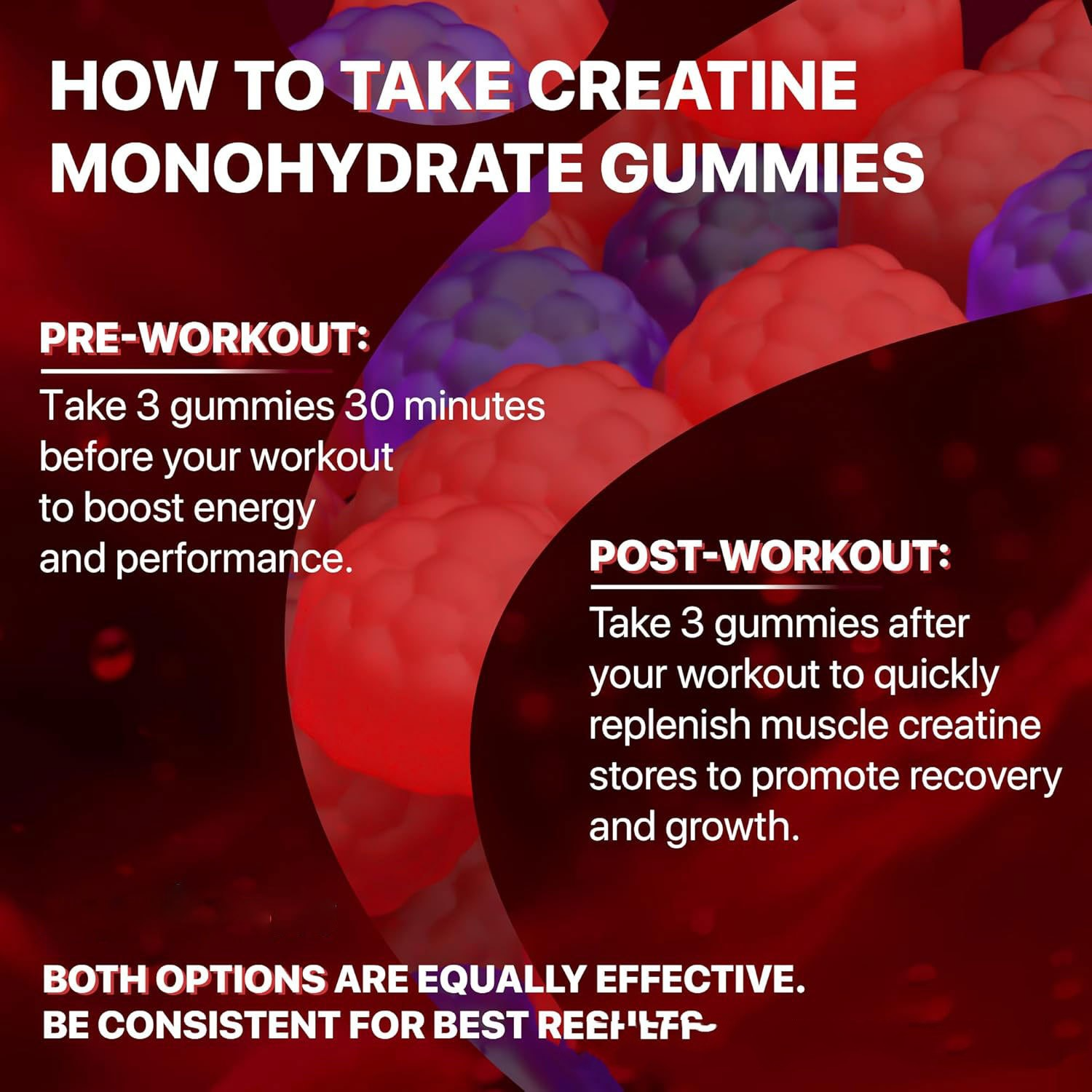 Instructions on how to take creatine monohydrate gummies with a colorful background