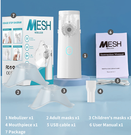 Mesh nebulizer set with packaging, masks, and USB cable on a blue background