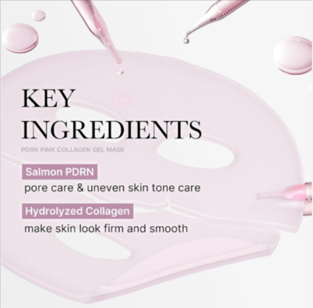 Pink collagen gel mask with text highlighting key ingredients on a light pink background