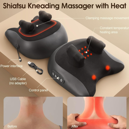 Shiatsu kneading massager with heat on a beige background, showing power interface, USB cable, control panel, and before-and-after effect on neck.