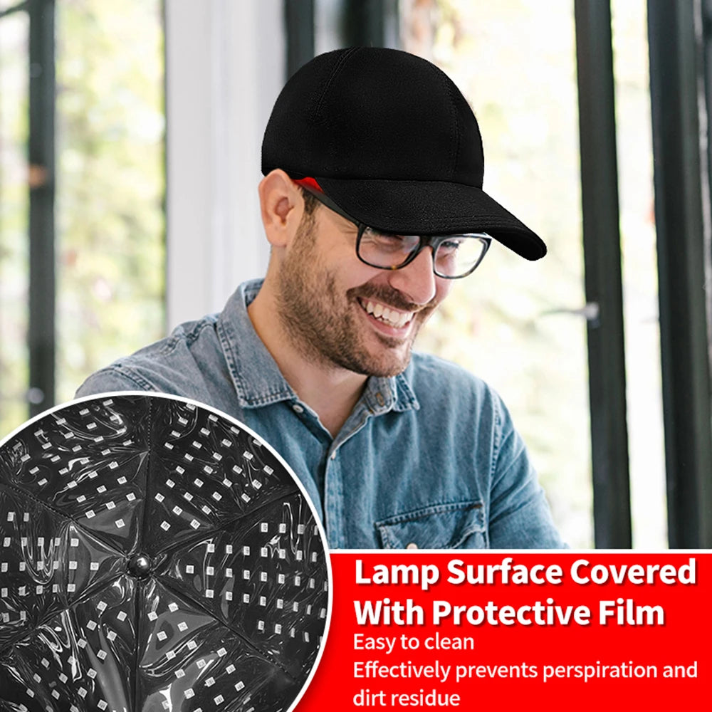 Man wearing a black cap and glasses, with a close-up of a lamp surface covered with protective film.