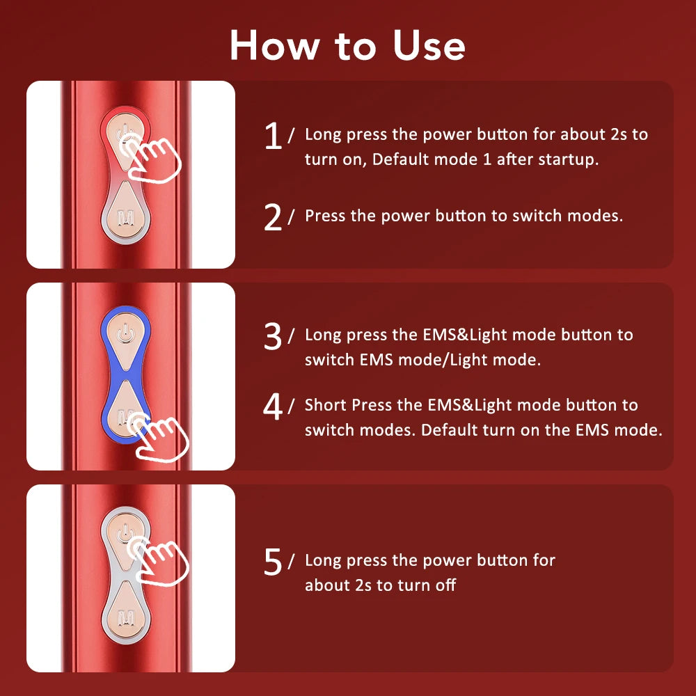 Instructions on how to use a device with power and mode buttons on a red background