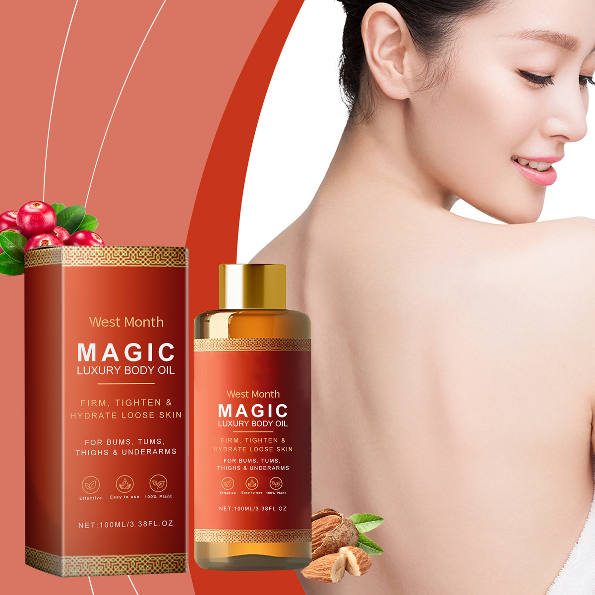 West Month Magic Luxury Body Oil packaging with a woman's back and body oil bottle on a gradient background