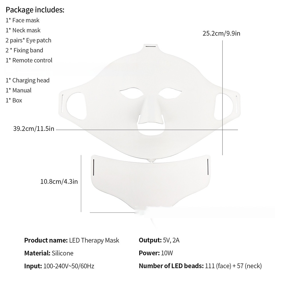 White LED therapy mask with dimensions and package contents on a white background