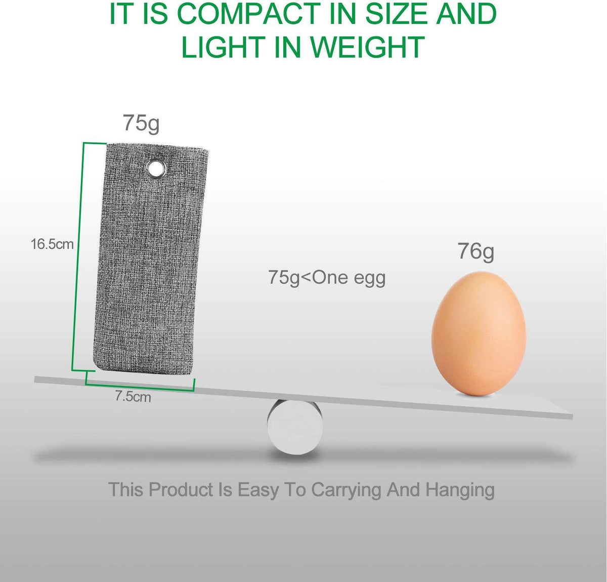 Text and graphic showing a product's weight comparison to an egg on a balance scale.