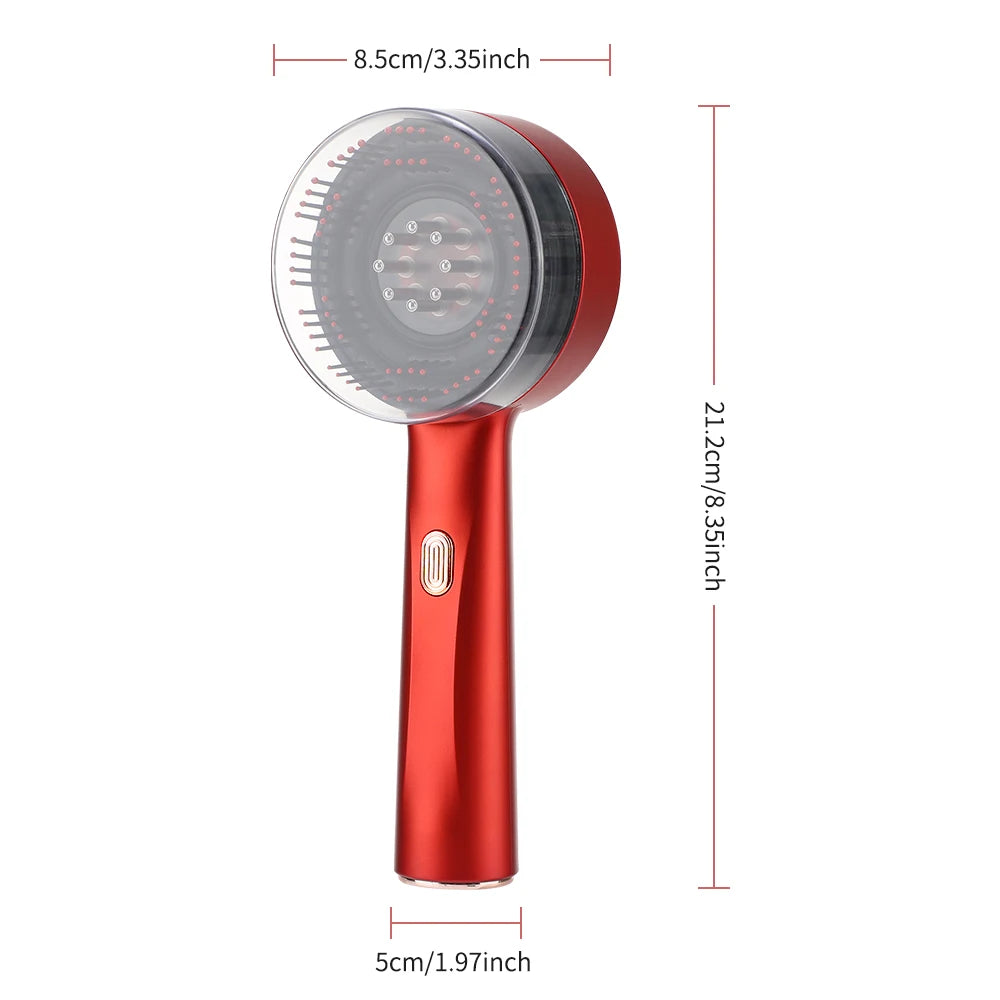 Red handheld shower head with dimensions labeled on a white background