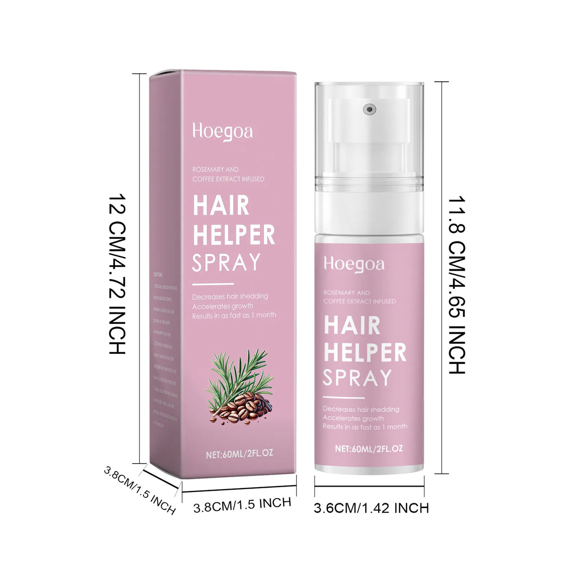 Hair Helper Spray with packaging dimensions on a white background