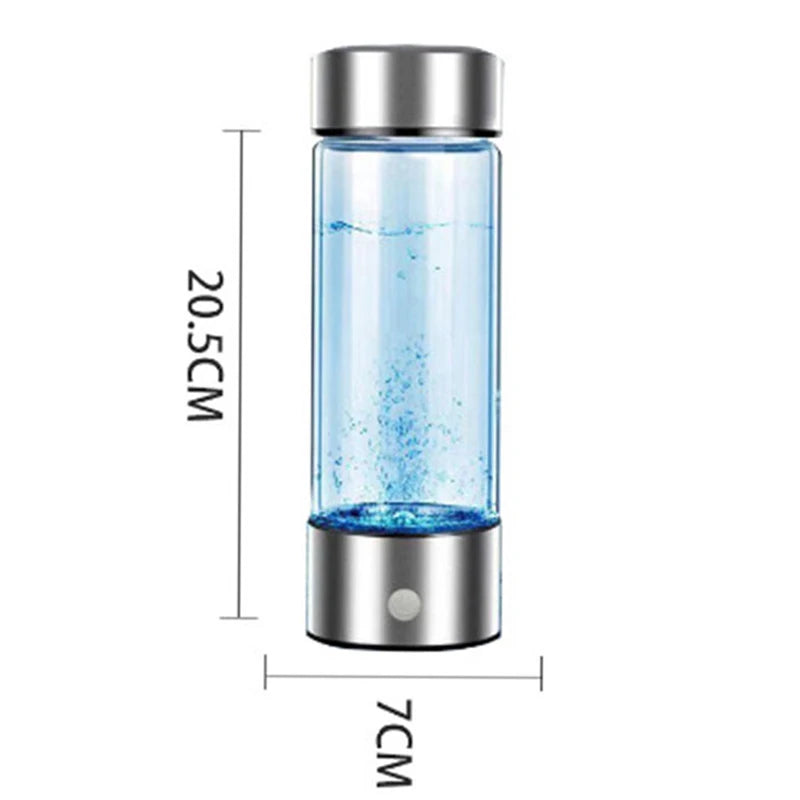 Glass water bottle with blue liquid and metal cap, showing dimensions on a white background