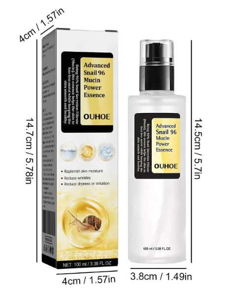 OUHOE Advanced Snail 96 Mucin Power Essence bottle and packaging with dimensions.