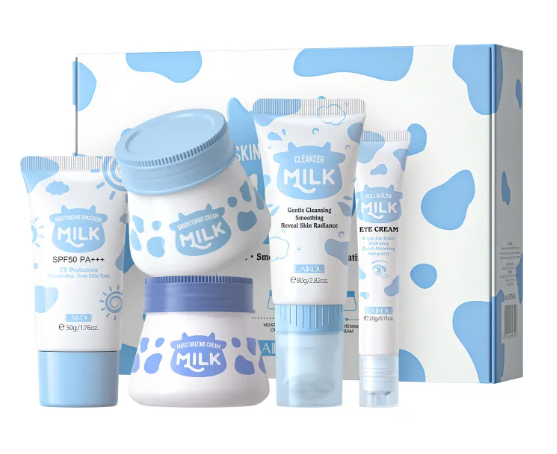 Set of skincare products with 'Milk' branding on a white background