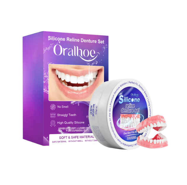 Oralhoe silicone reline denture set packaging and product on a white background