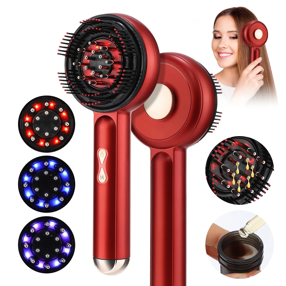 Red hair dryer with multiple nozzles and a woman using it on a white background