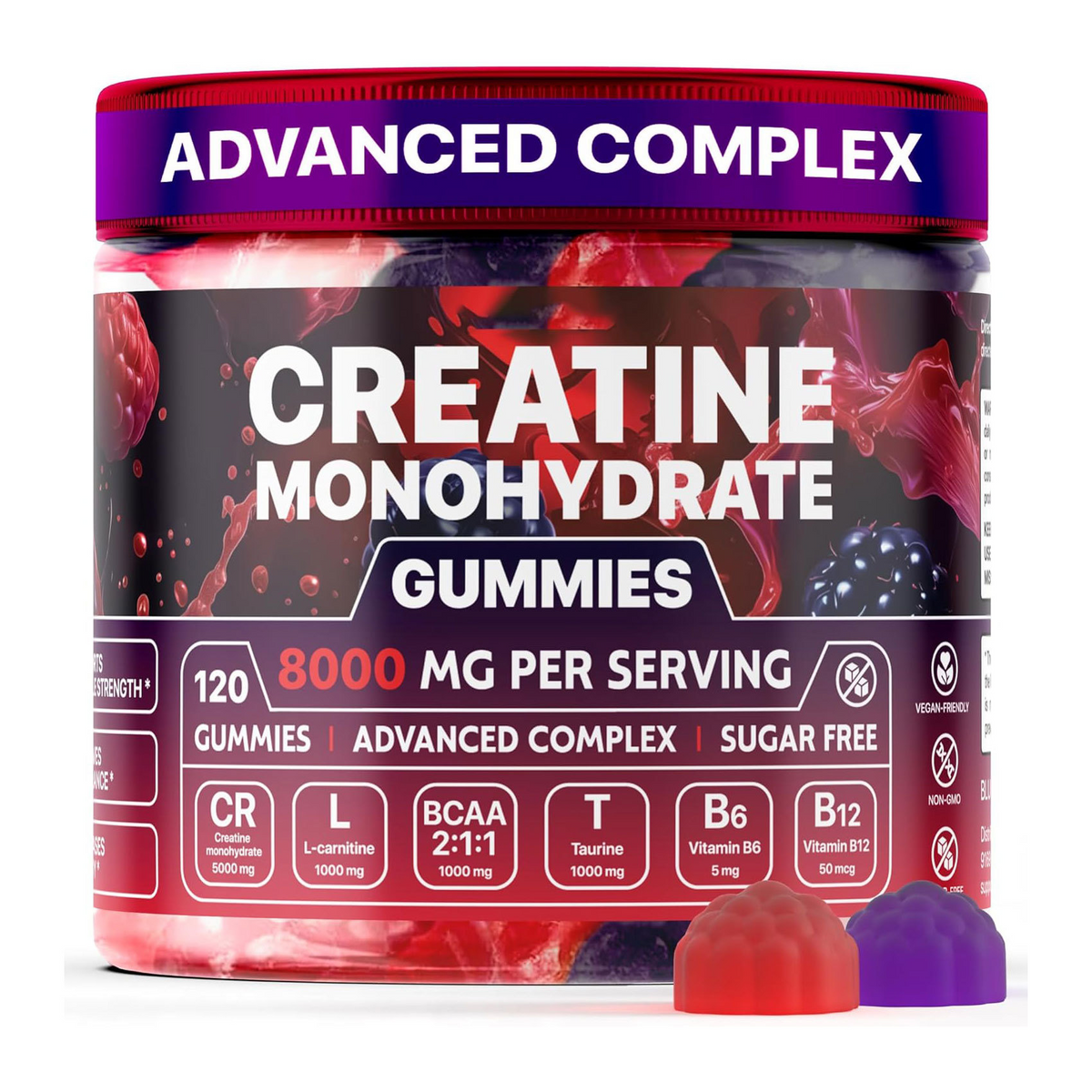 Container of creatine monohydrate gummies with red and purple design on a white background