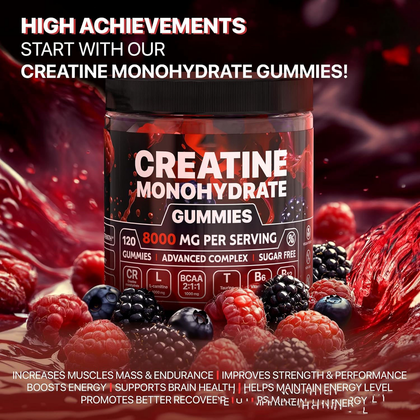 Creatine monohydrate gummies container with berries on a dark background