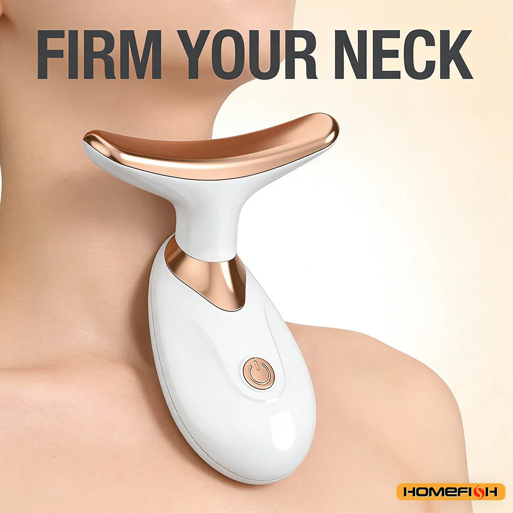 Neck massager device on a person's neck with 'Firm Your Neck' text and Homefish branding.