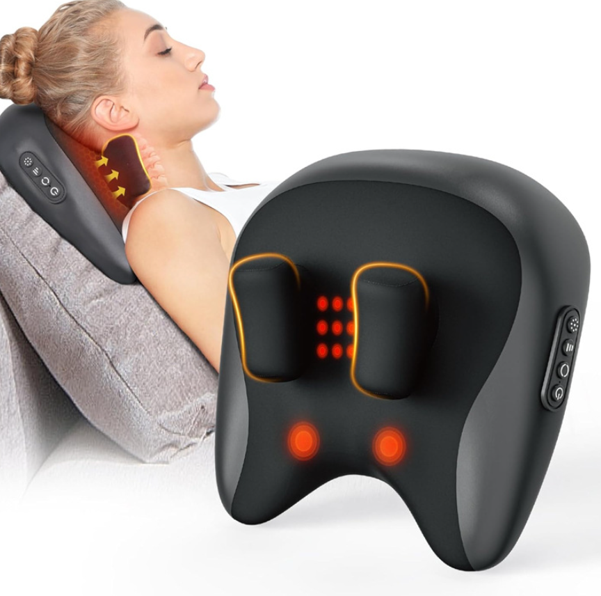 Person using a neck and shoulder massager with visible control buttons on a white background