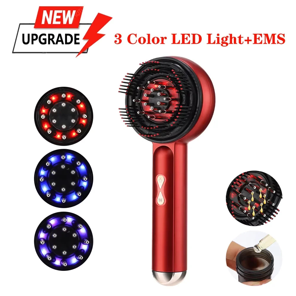 Red handheld device with LED lights and massage head, labeled 'NEW UPGRADE 3 Color LED Light+EMS'.
