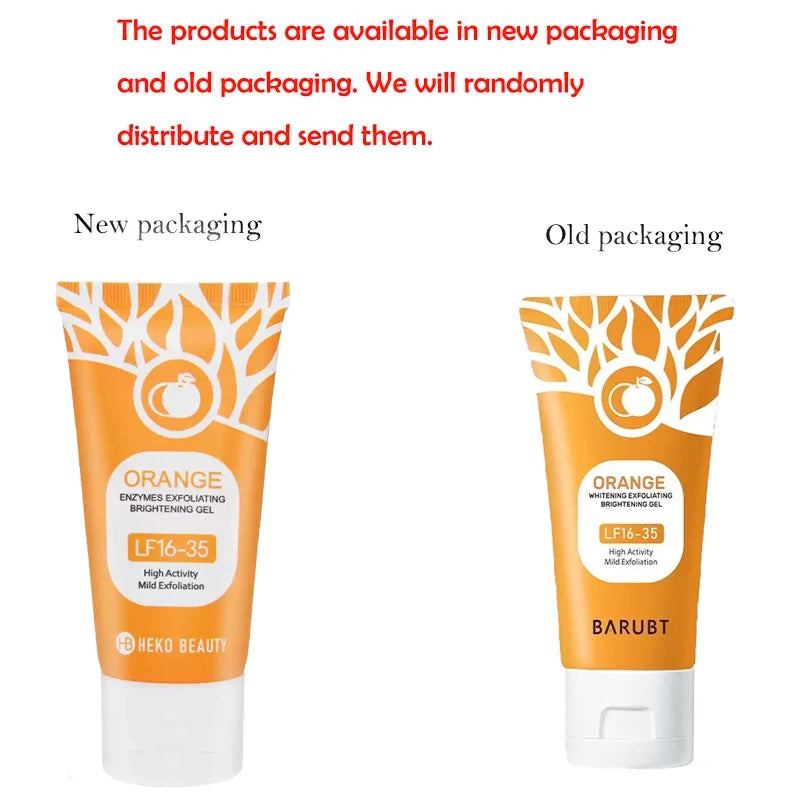 Two tubes of 'Orange' product by BARUBT with text about packaging changes on a white background.