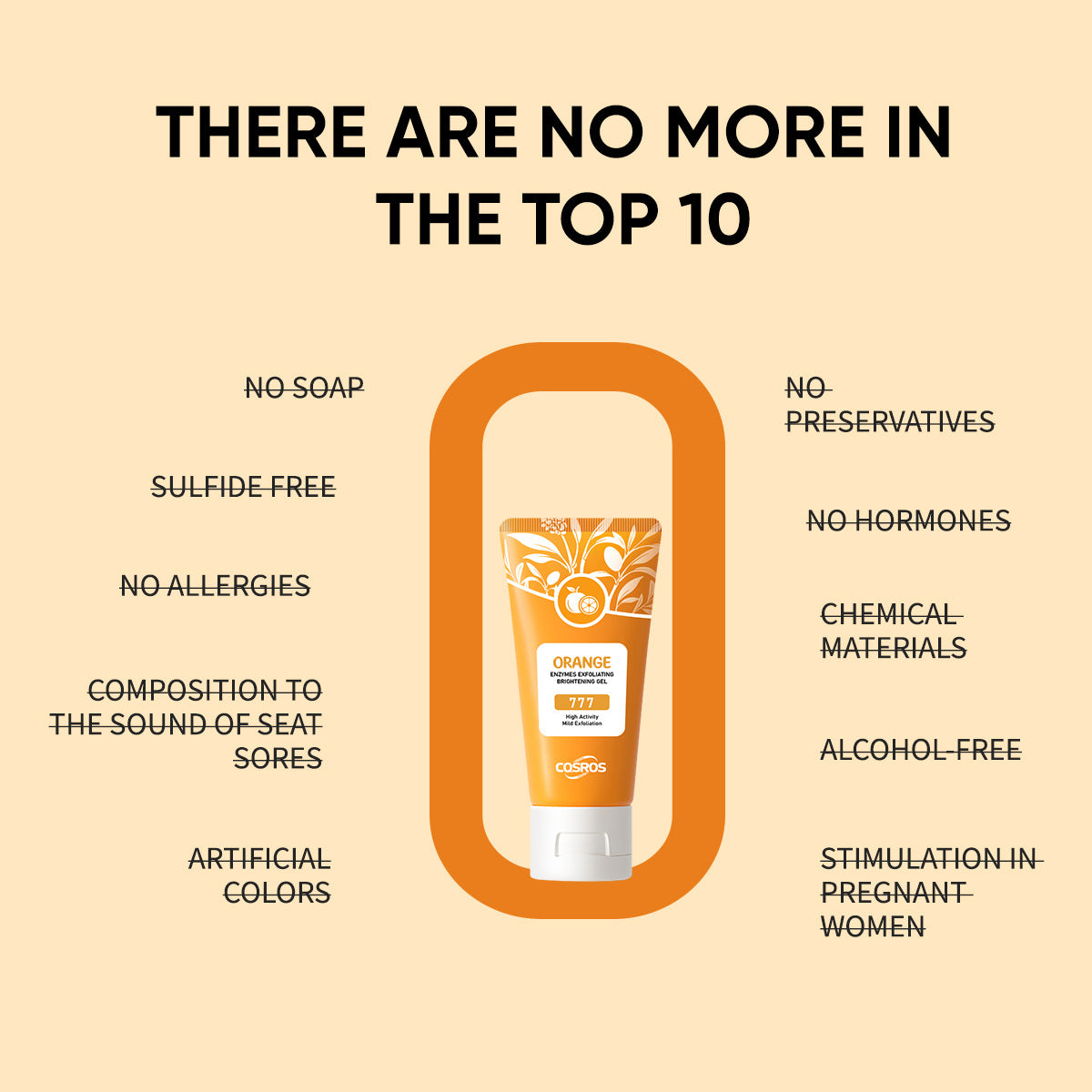 Product tube with features listed on a beige background