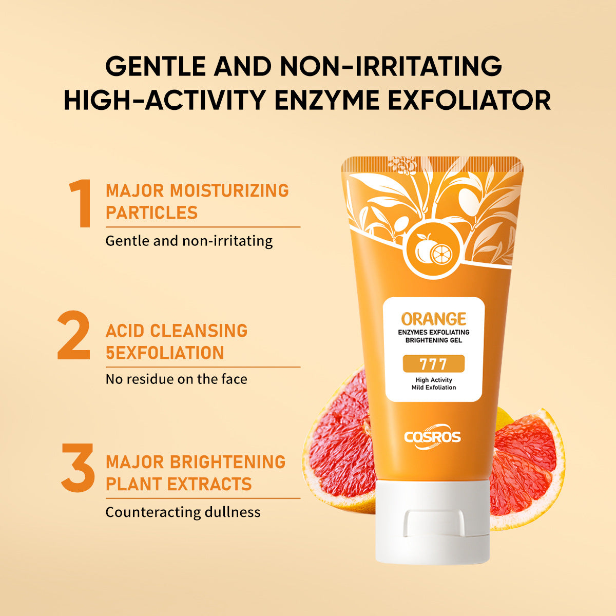Cosmos Orange Enzyme Exfoliating Gel tube with text on a beige background