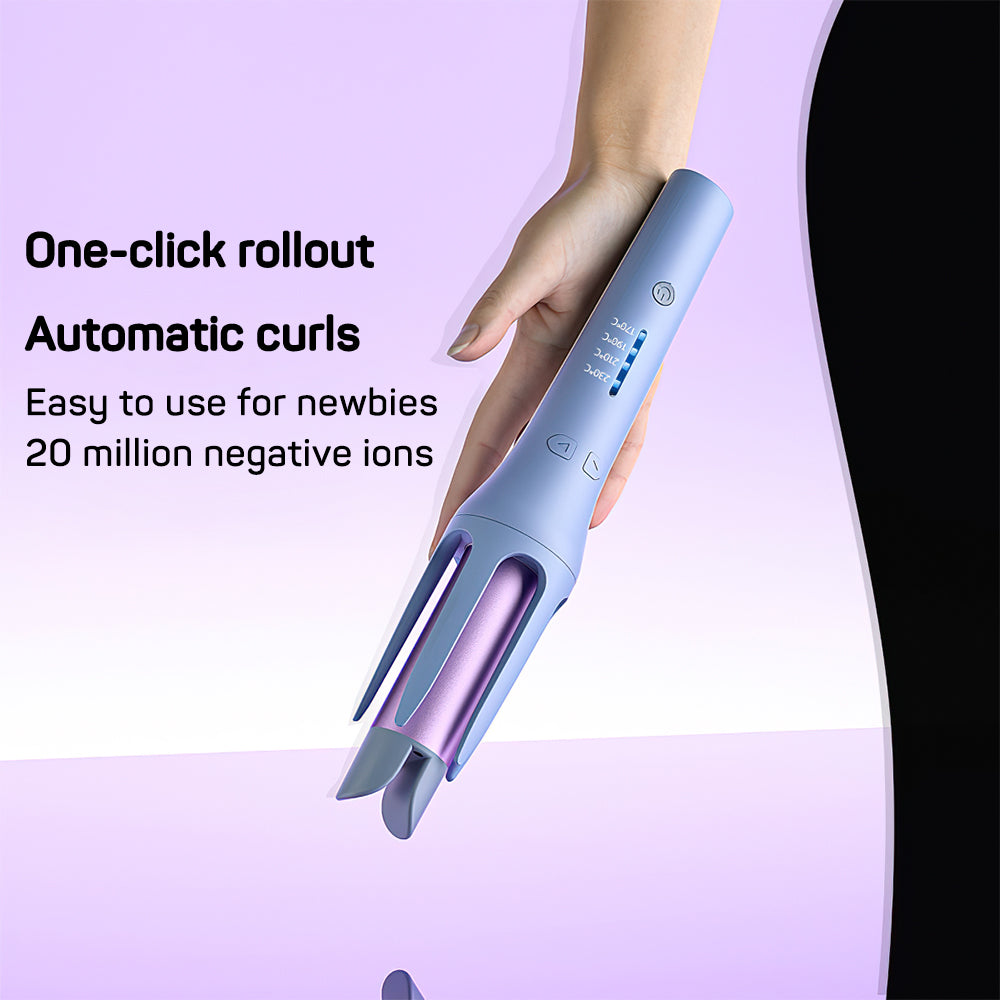 Hair straightener with text on a purple background