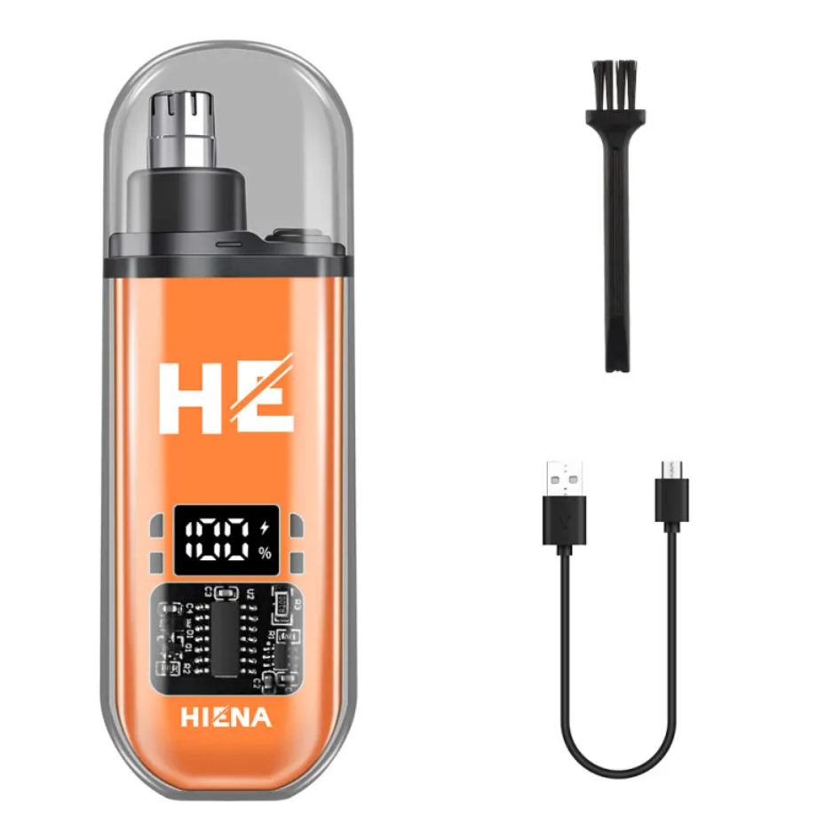 Orange vape device with digital display and accessories on a white background