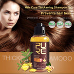 Hair care product advertisement with a woman and 'PURE' shampoo bottle on an orange background.
