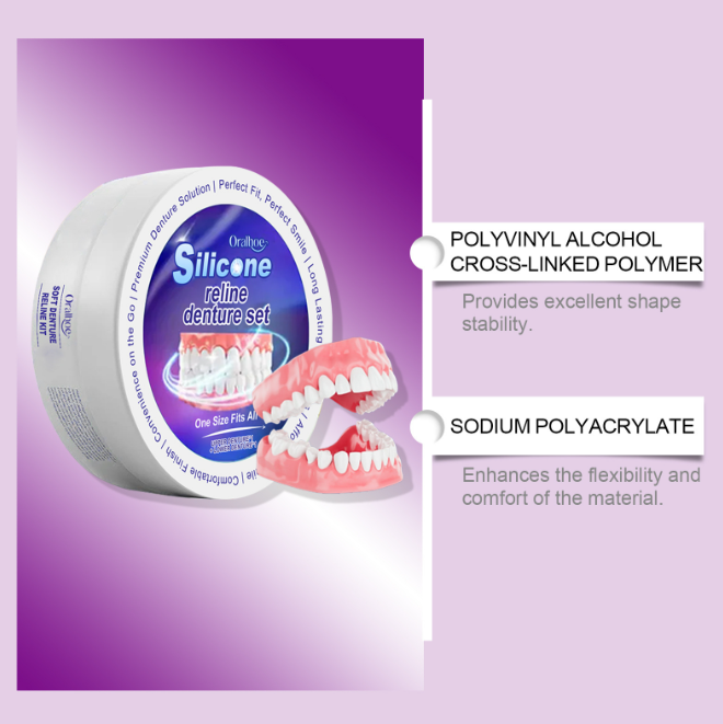 Silicone denture set with packaging on a purple background