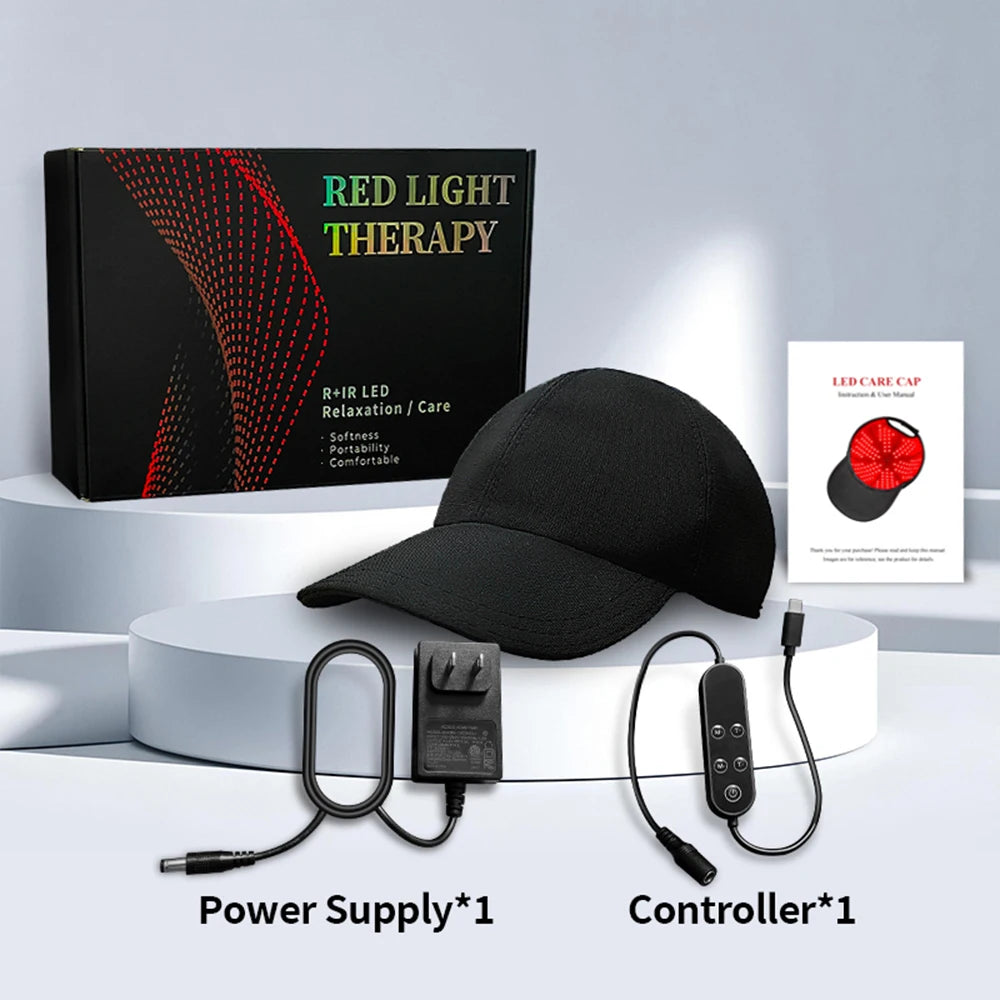 Red light therapy package with cap, power supply, controller, and packaging on a white background