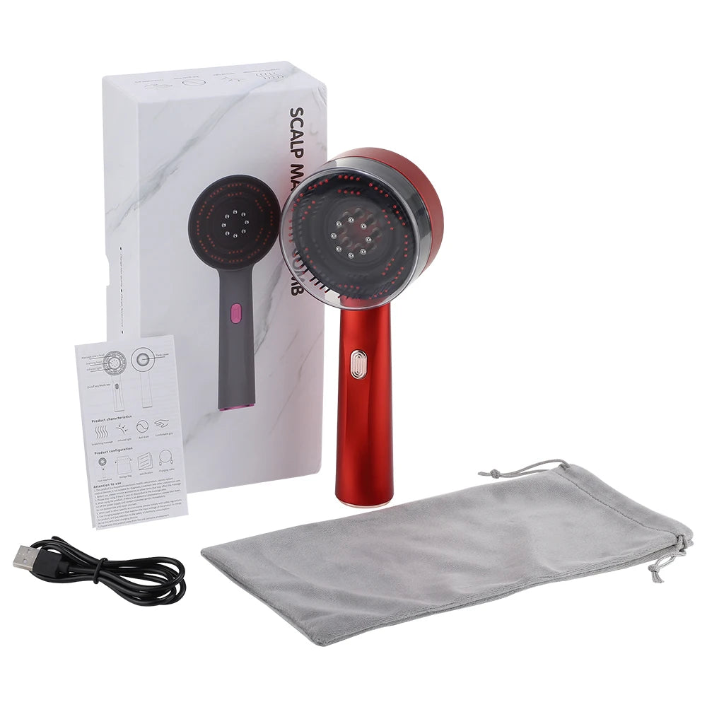 Red handheld hair dryer with packaging, user manual, and carrying pouch on a white background