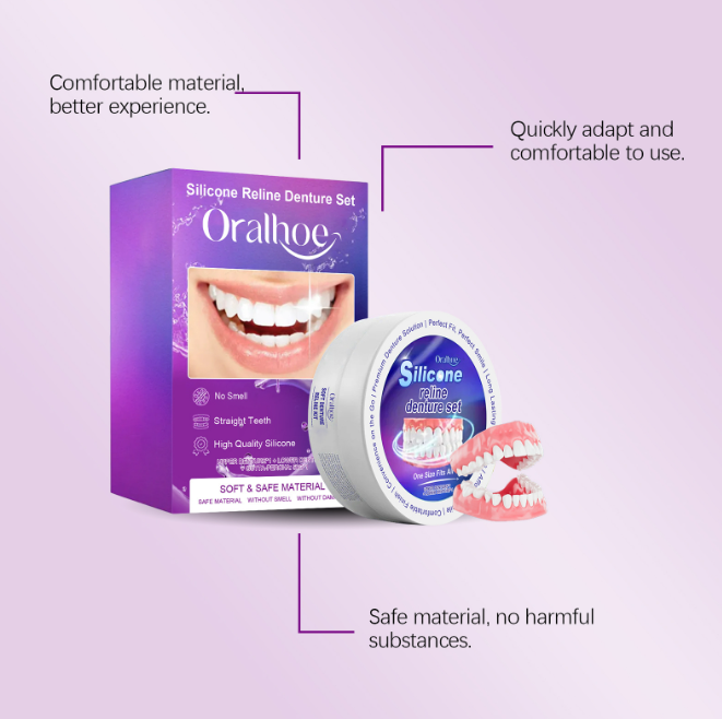 Oralthoe silicone reliner denture set packaging with product and text on a purple background