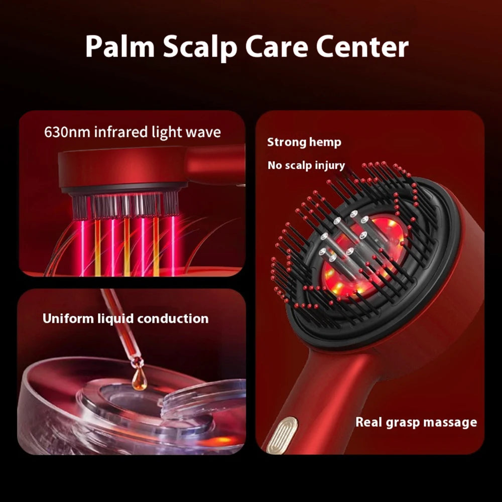 Palm scalp care device with features highlighted on a red background