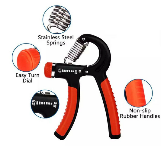 Hand grip trainer with features highlighted on a white background