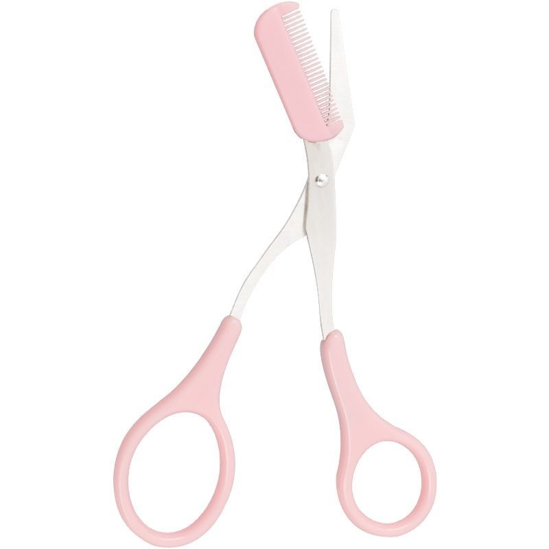 Pink hair scissors with a comb on a white background