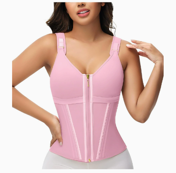Pink waist trainer worn by a model on a white background