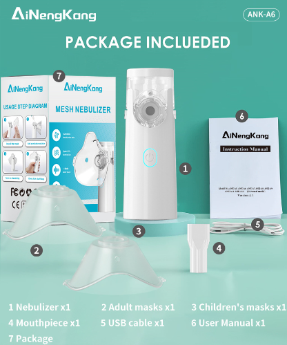 Ainengkang mesh nebulizer with packaging, masks, and USB cable on a teal background