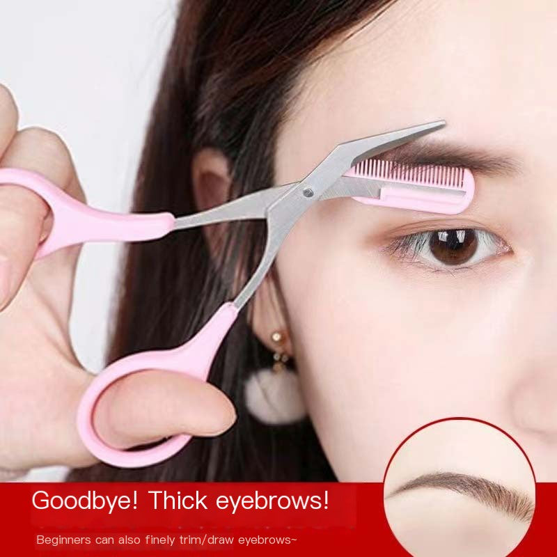 Person using eyebrow scissors and comb with close-up of eye and eyebrow.