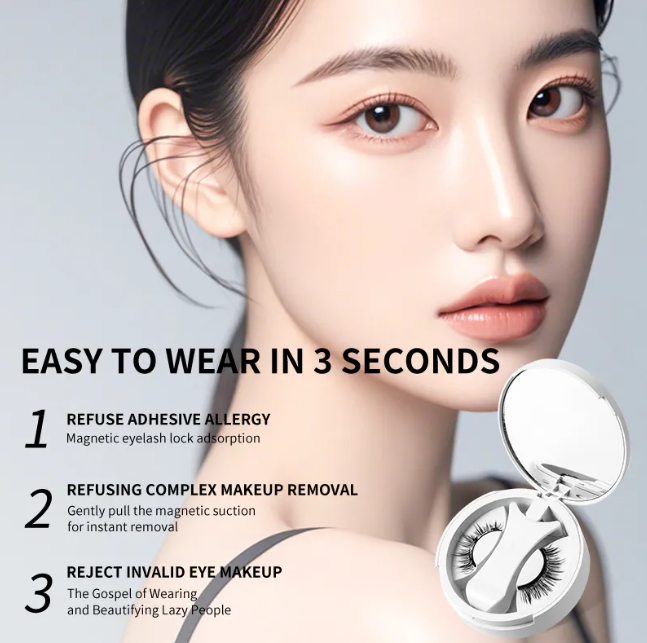 Woman with magnetic eyelashes and product packaging on a gray background