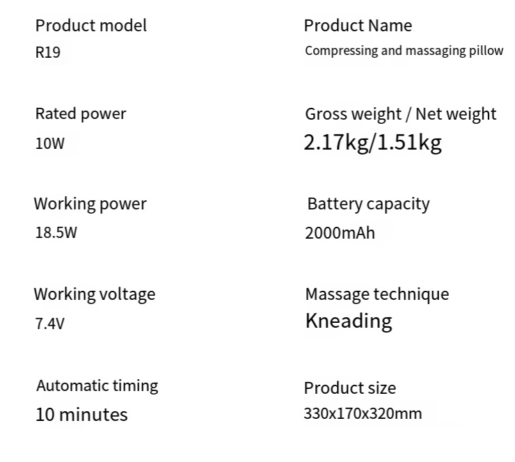 Technical specifications of a compressing and massaging pillow on a white background