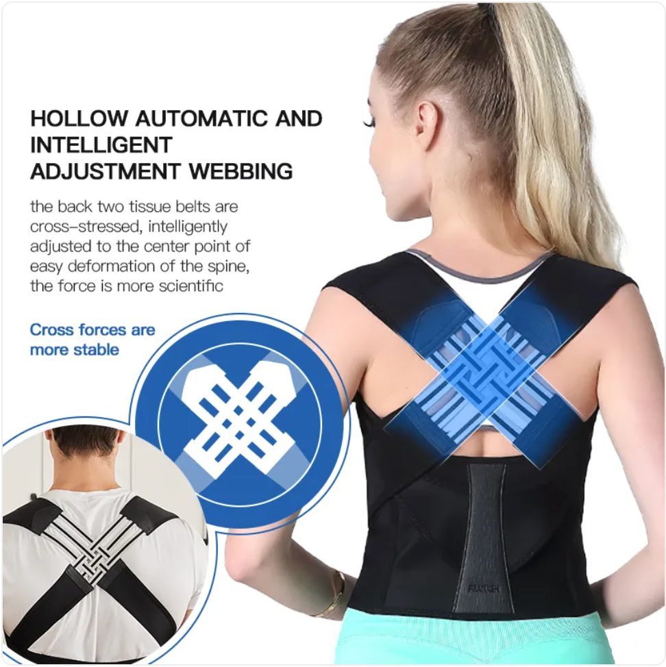 Woman wearing a black posture corrector with text and graphics on a white background