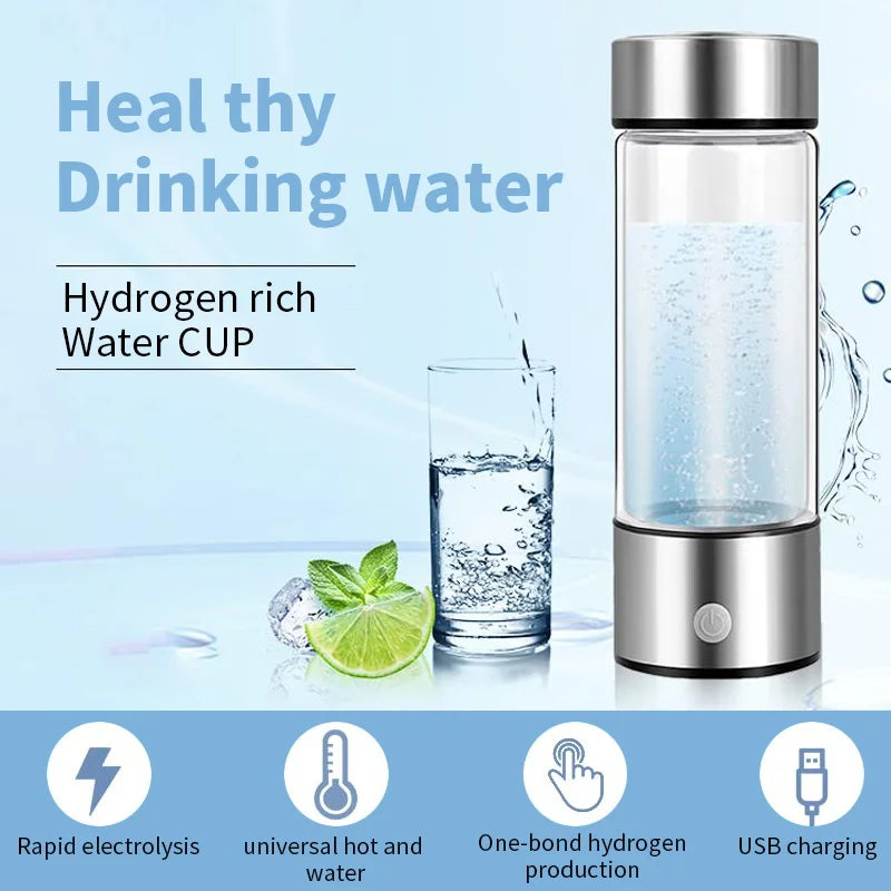 Hydrogen-rich water cup with glass of water and lime wedge on a light blue background
