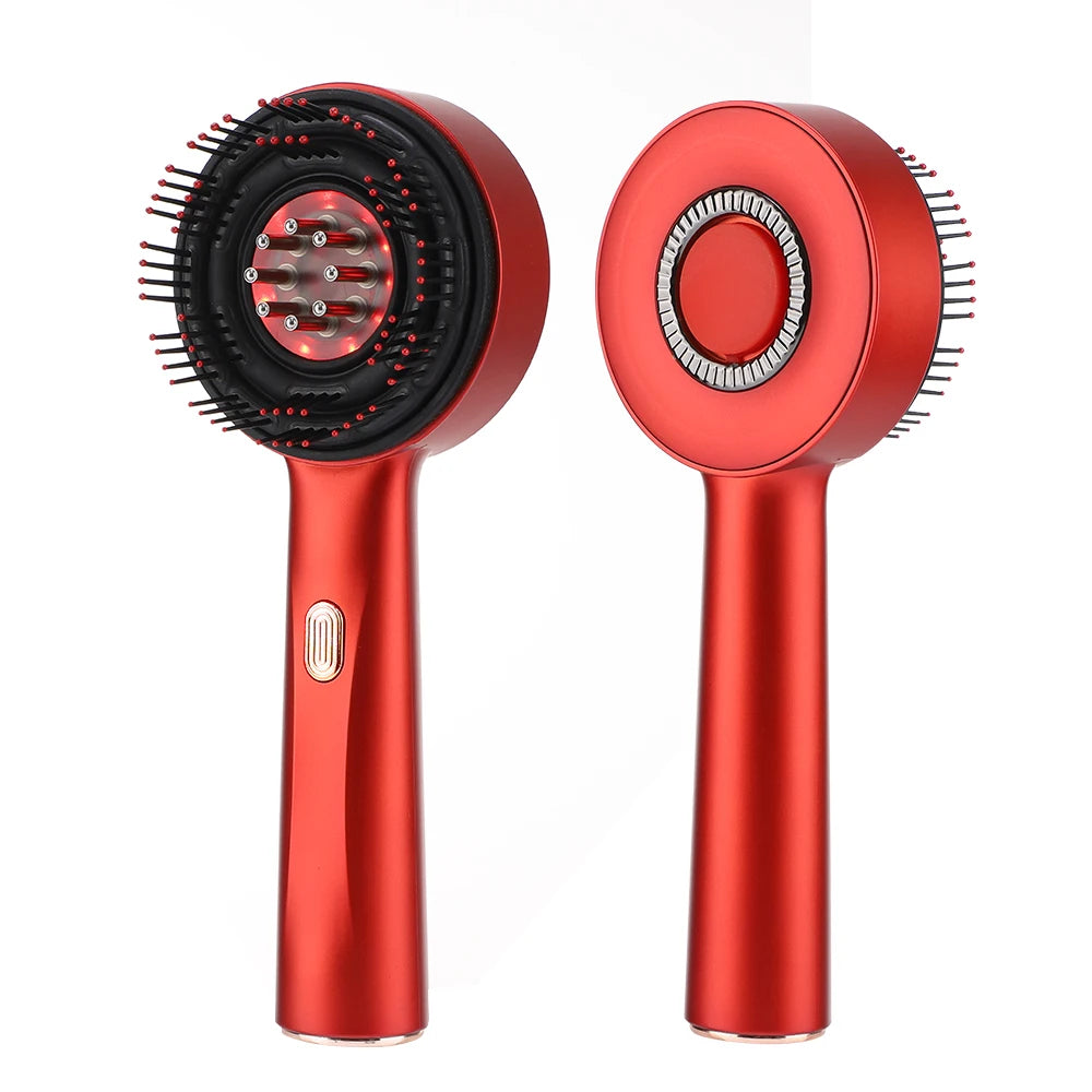 Red handheld hair dryer with brush attachment on a white background