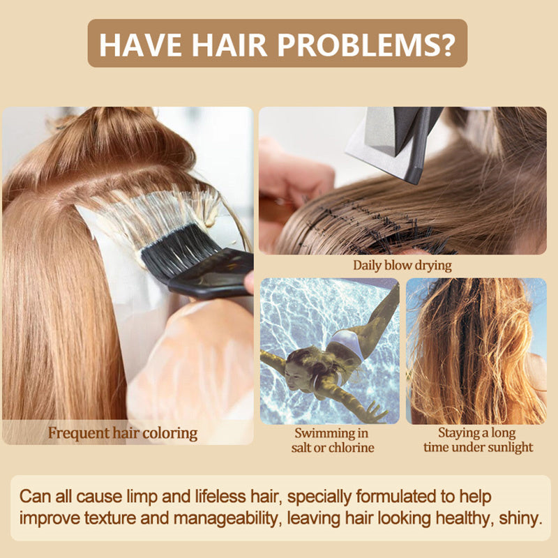 Advertisement for hair care product showing hair issues and solutions.