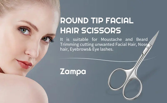 Zampa round tip facial hair scissors with a woman's face on a gray background