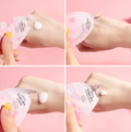 Four-panel image showing a hand applying Sakura lotion to an arm against a pink background.