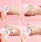 Four-panel image showing a hand applying Sakura lotion to an arm against a pink background.