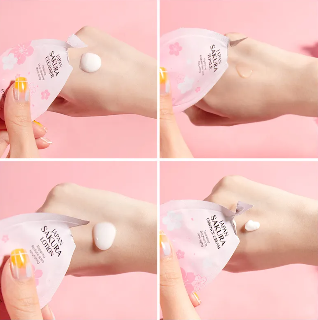 Four-panel image showing a hand applying Sakura lotion to an arm against a pink background.
